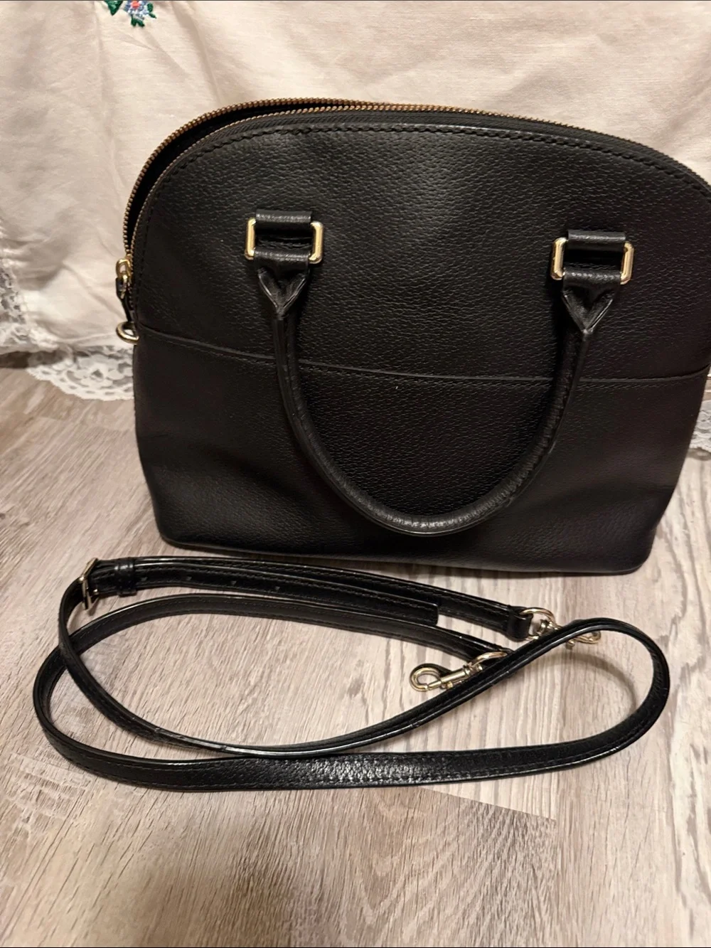 kate spade black Leather Dome Satchel with Removable Strap and Gold Hardware